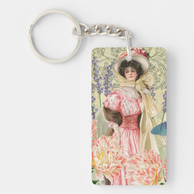 Pink Floral Victorian Woman Regency Key Ring (Front)