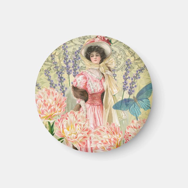 Pink Floral Victorian Woman Regency Magnet (Front)
