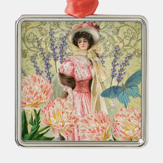 Pink Floral Victorian Woman Regency Metal Ornament (Front)