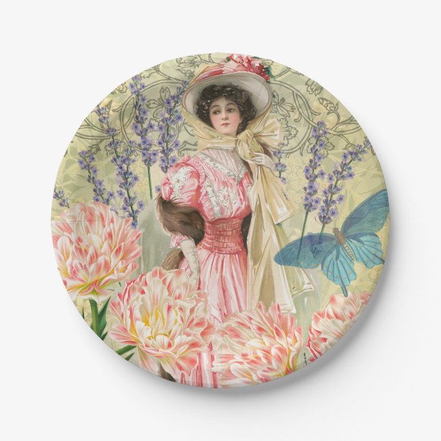 Pink Floral Victorian Woman Regency Paper Plate (Front)