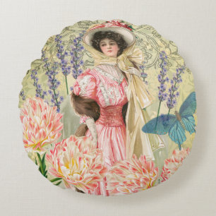 Pink Floral Victorian Woman Regency Round Cushion
