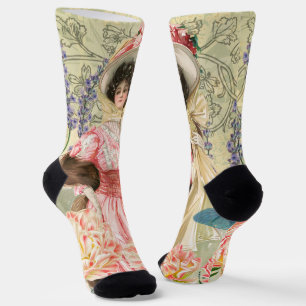 Pink Floral Victorian Woman Regency Socks
