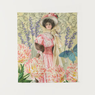 Pink Floral Victorian Woman Regency Tapestry