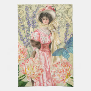 Pink Floral Victorian Woman Regency Tea Towel