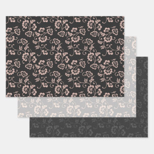 Pink Floral Vine Pattern on Brown, Gray & White Wrapping Paper Sheet