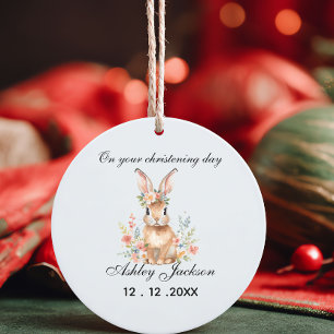 Pink floral vintage bunny Personalised christening Ceramic Ornament