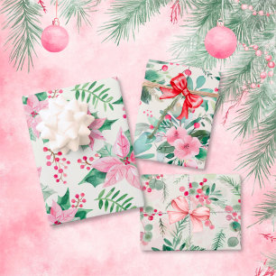 Pink Floral Vintage Christmas Wrapping Paper Sheet
