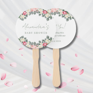 Pink Floral Vintage Roses Baby Shower Thank You Hand Fan
