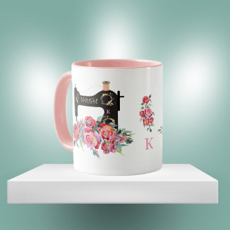 Pink Floral Vintage Sewing Machine Monogram  Mug