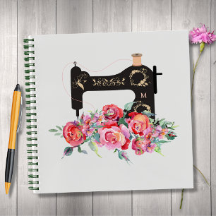 Pink Floral Vintage Sewing Machine Monogram Notebook