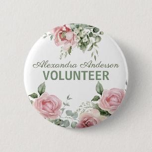 Pink Floral Volunteer 6 Cm Round Badge