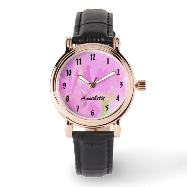 Pink Floral Watch with Personalised Name (Front)