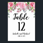 Pink Floral Water Colour Wedding Table Number Card<br><div class="desc">Pink watercolor flowers create a beautiful top border. Table and the wedding couple names are written in a modern flowing script font. The table number and wedding date are written in a simple and elegant font. Very easy to customise.</div>