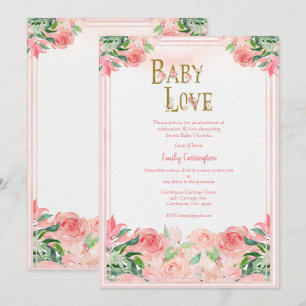 Pink Floral Watercolor Baby Love Girl Baby Shower Invitation