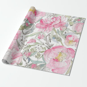 Pink Floral Watercolor Birthday Shower Wedding Wrapping Paper