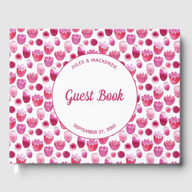 Pink Floral Watercolor Blossom Wedding Guest Book (Front)