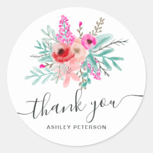 Pink floral watercolor bouquet trendy Thank you Classic Round Sticker