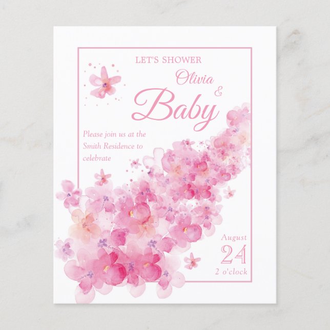 Pink Floral Watercolor Budget Baby Shower (Front)