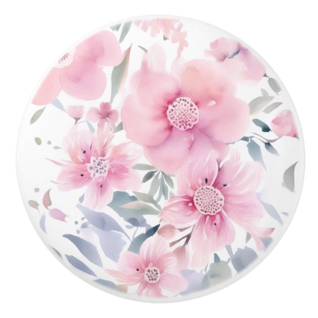 Pink Floral Watercolor  Ceramic Knob (Front)
