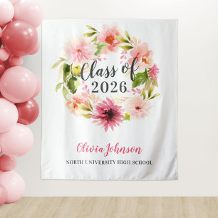 Pink Floral Watercolor Class of 2026 Backdrop Tapestry