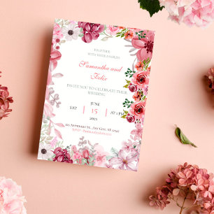 Pink Floral Watercolor Country Wedding Invitation