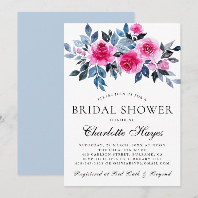 Pink Floral Watercolor Elegant Bridal Shower Invitation (Front/Back)