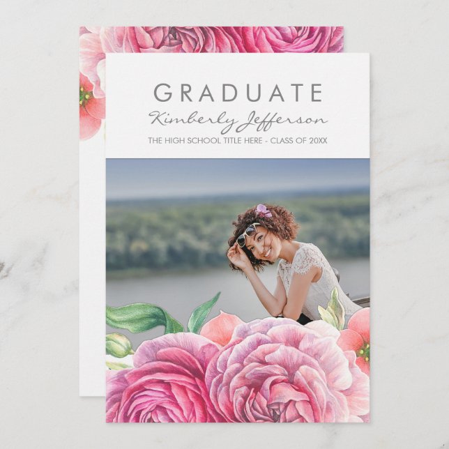 Pink Floral Watercolor Elegant Photo Graduation Invitation (Front/Back)