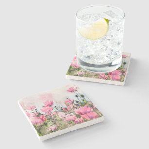 Pink Floral Watercolor Flowers Stone Coaster