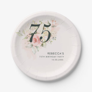 Pink Floral Watercolor Foliage 75th Birthday Party Paper Plate