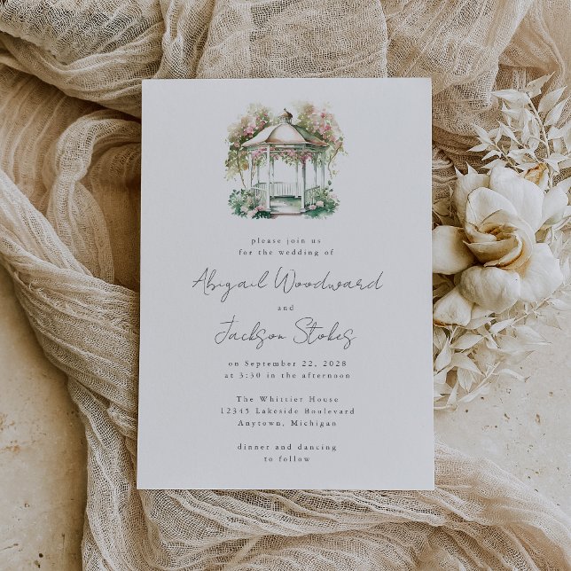 Pink Floral Watercolor Gazebo Wedding Invitation (An ideal choice for an outdoor spring or summer wedding.)