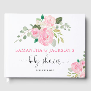 Pink floral watercolor girl baby shower guest book