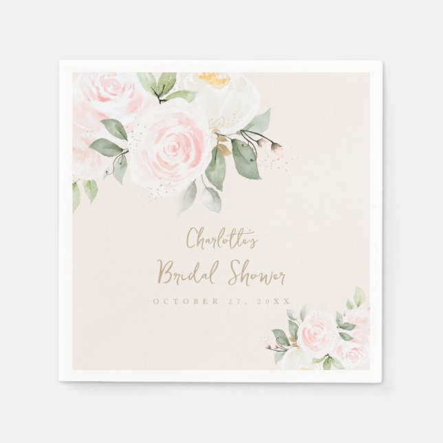 Pink Floral Watercolor Gold Bridal Shower Napkins (Front)