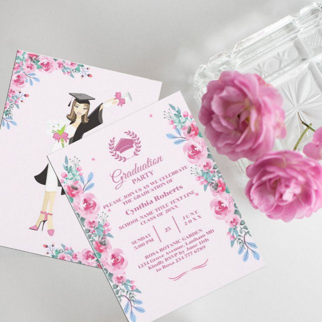Pink Floral Watercolor Graduation Invitation (Creator Uploaded)