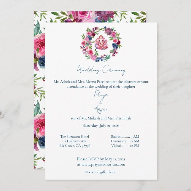 Pink Floral Watercolor Hindu Ganesh Wedding Invitation (Front/Back)