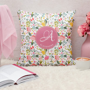 Pink floral watercolor monogram name cushion