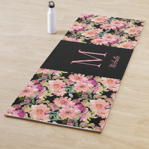 Pink Floral Watercolor Monogram Name Yoga Mat