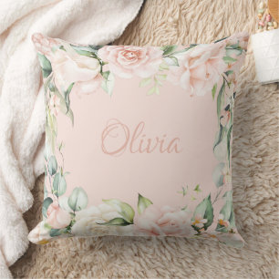 Pink Floral Watercolor Name Baby Girl Cushion