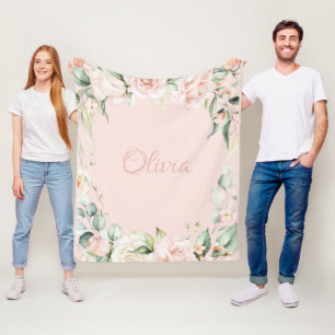 Pink Floral Watercolor Name Baby Girl Fleece Blanket