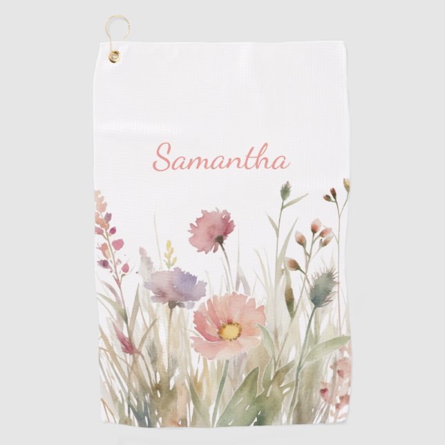 Pink Floral Watercolor Name Golf Towel (Front)