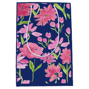 Pink Floral Watercolor on Navy Background Medium Gift Bag