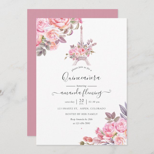 Pink Floral Watercolor Paris Quinceañera Invitation (Front/Back)