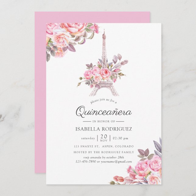 Pink Floral Watercolor Paris themed Quinceañera Invitation (Front/Back)