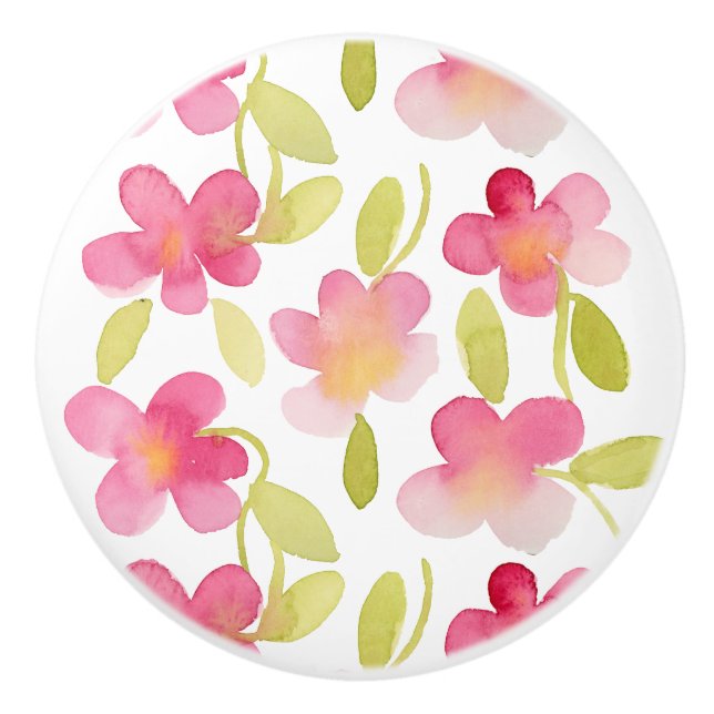 Pink Floral Watercolor Pattern Ceramic Knob (Front)