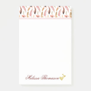Pink Floral Watercolor Pattern Name Heart Script Post-it Notes