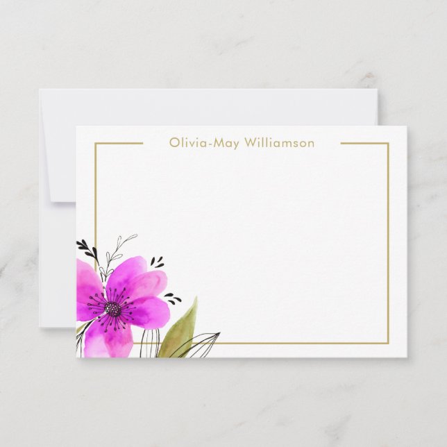 Pink Floral Watercolor Personalised Stationery Card (Front)