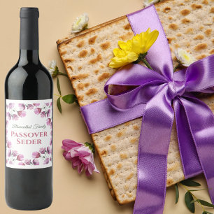Pink Floral Watercolor Pesach Passover Wine Label