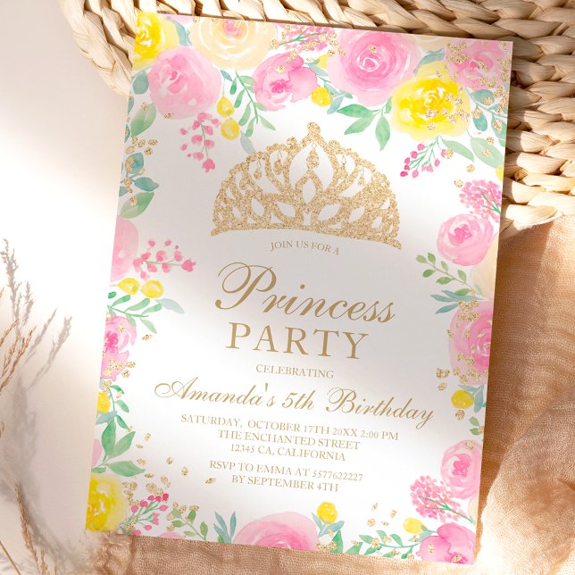 Pink floral watercolor photo tiara princess party invitation (Creator Uploaded)