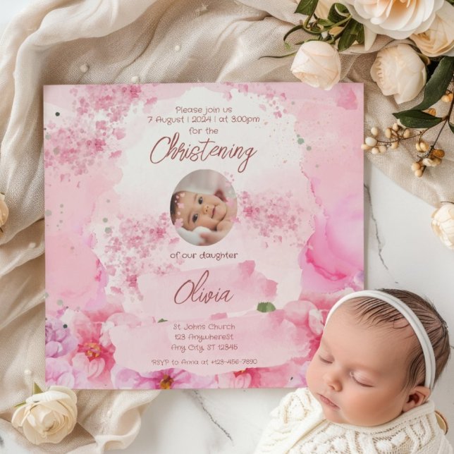 Pink Floral Watercolor Portrait Baptism Invitation (Creator Uploaded)