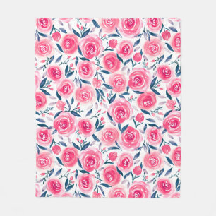 Pink Floral Watercolor Roses Pattern Fleece Blanket