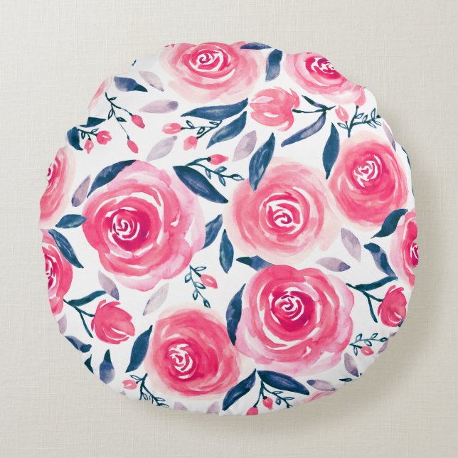 Pink Floral Watercolor Roses Pattern Round Cushion (Front)